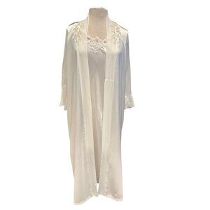 Vintage White Satin Nightgown & Robe Set With Lace Accents